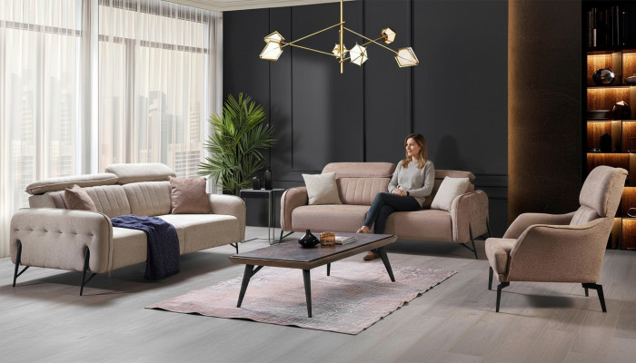 Conjunto de sofá beige para sala de estar, diseñador, 2 sillones de tela y sofá de 3 plazas, 3 piezas.