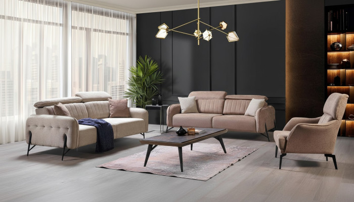 Conjunto de sofá beige para sala de estar, diseñador, 2 sillones de tela y sofá de 3 plazas, 3 piezas.