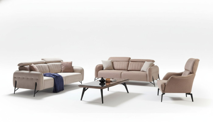 Conjunto de sofá beige para sala de estar, diseñador, 2 sillones de tela y sofá de 3 plazas, 3 piezas.
