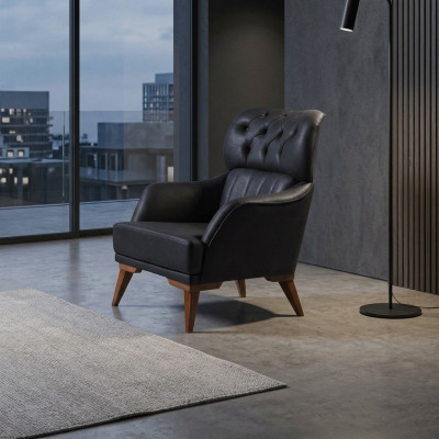 Sillón Chesterfield negro diseñador, ideal para la sala de estar, de un asiento