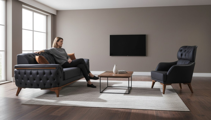 Sofá de lujo de cuero Chesterfield negro de diseñador, sillón de diseñador.