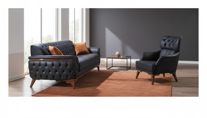 Sofá de lujo de cuero Chesterfield negro de diseñador, sillón de diseñador.