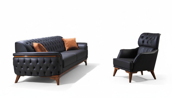 Sofá de lujo de cuero Chesterfield negro de diseñador, sillón de diseñador.