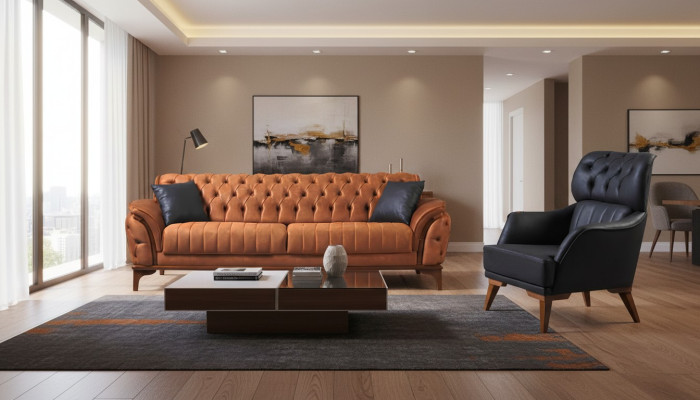 Conjunto Chesterfield Naranja-Negro Lujoso Sofá Tres Plazas Sillón 2 piezas