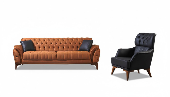 Conjunto Chesterfield Naranja-Negro Lujoso Sofá Tres Plazas Sillón 2 piezas