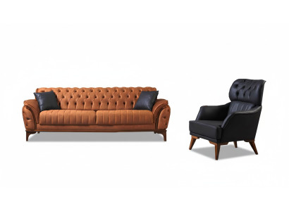 Conjunto Chesterfield Naranja-Negro Lujoso Sofá Tres Plazas Sillón 2 piezas