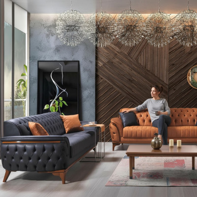 Sofás Chesterfield Diseñador Conjunto de Sala de estar Tapizado 2x Sofás de tela