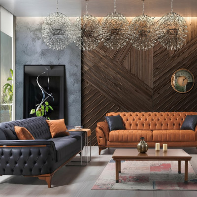 Sofás Chesterfield Diseñador Conjunto de Sala de estar Tapizado 2x Sofás de tela