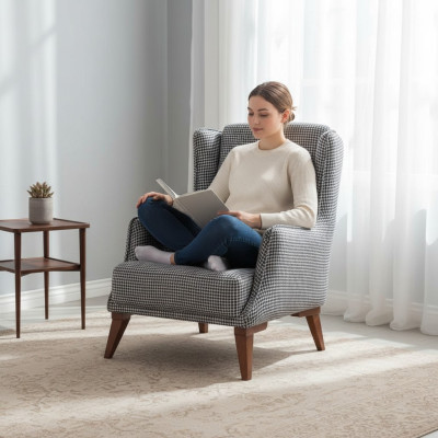Silla de salón moderna a cuadros gris.