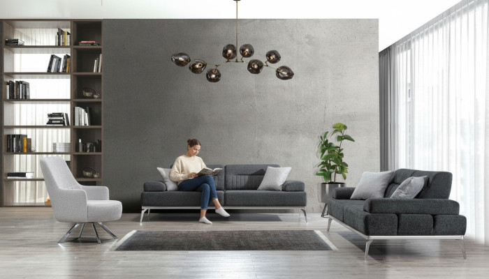 Conjunto de sala de estar 3 piezas 2x sofá de 3 plazas gris con sillón blanco diseño moderno textil