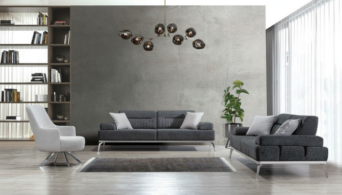 Conjunto de sala de estar 3 piezas 2x sofá de 3 plazas gris con sillón blanco diseño moderno textil