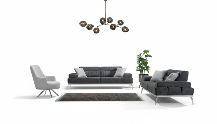 Conjunto de sala de estar 3 piezas 2x sofá de 3 plazas gris con sillón blanco diseño moderno textil