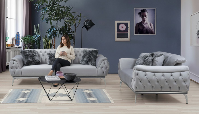 Sofá de tela gris para salón, diseño moderno Chesterfield, material textil
