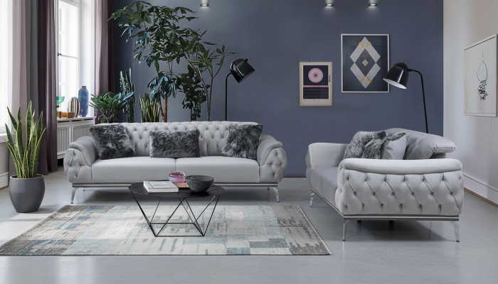 Sofá de tela gris para salón, diseño moderno Chesterfield, material textil