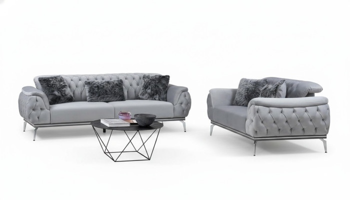 Sofá de tela gris para salón, diseño moderno Chesterfield, material textil