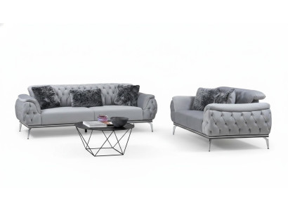 Sofá de tela gris para salón, diseño moderno Chesterfield, material textil
