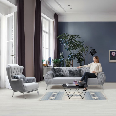 Conjunto de sala de estar 2 piezas. Sofá con sillón diseño Chesterfield moderno textil.