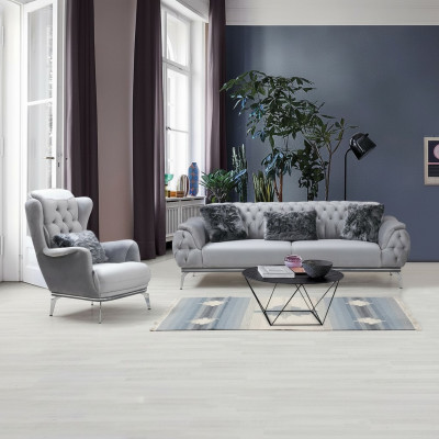 Conjunto de sala de estar 2 piezas. Sofá con sillón diseño Chesterfield moderno textil.