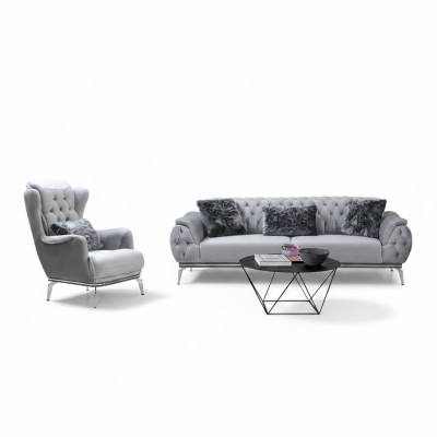 Conjunto de sala de estar 2 piezas. Sofá con sillón diseño Chesterfield moderno textil.
