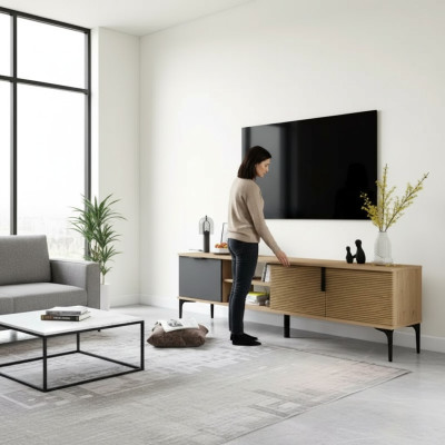 Mueble de televisión RTV en tono marrón-gris, diseño moderno, forma rectangular para la sala de estar.