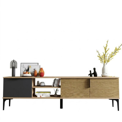 Mueble de televisión RTV en tono marrón-gris, diseño moderno, forma rectangular para la sala de estar.