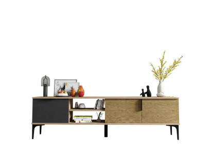 Mueble de televisión RTV en tono marrón-gris, diseño moderno, forma rectangular para la sala de estar.