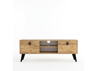 Mueble de TV para la sala de estar en color marrón, diseño moderno, forma rectangular.