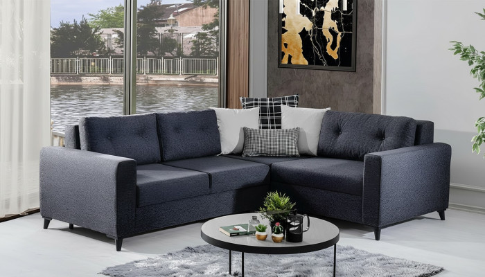 Sofá tapizado gris oscuro con función de cama, sofá de diseño de esquina para la sala de estar.