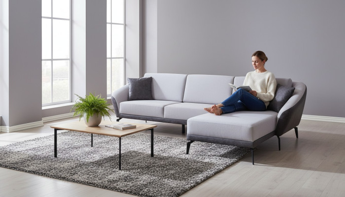 Blanco-gris sofá de esquina en forma de L para la sala de estar, textil de diseño de muebles textiles.