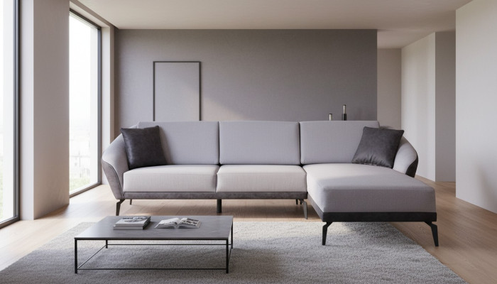 Blanco-gris sofá de esquina en forma de L para la sala de estar, textil de diseño de muebles textiles.