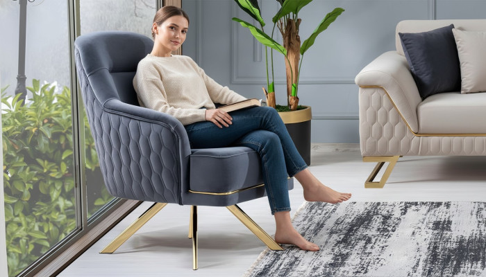 Sillón de diseñador de una plaza en azul, diseño de acero inoxidable, muebles de salón.