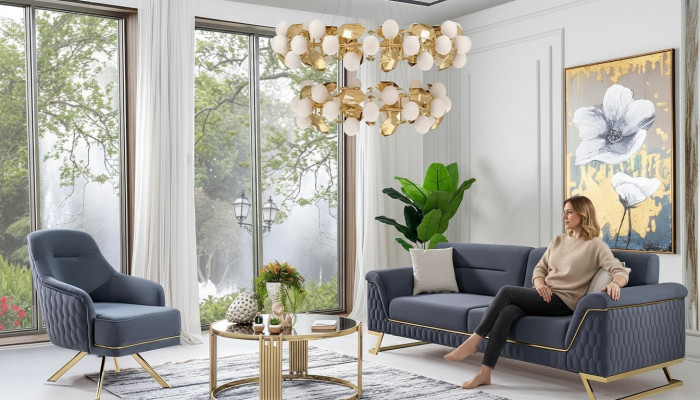 Sofá de esquina de diseñador de lujo para sala de estar azul, moderno sillón.