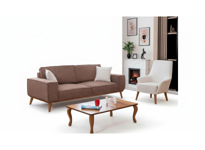 Sala de estar Set de dos piezas beige con sofá de tres plazas de lujo y sillón blanco individual.