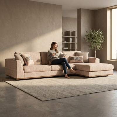 Muebles tapizados sofá esquinero beige de lujo sofá chaise longue forma L relax sofá acolchado sala de estar