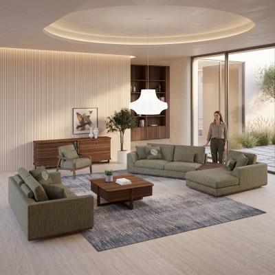 Conjunto completo de sofás de 3 piezas: sofá de dos plazas, sofá relax en forma de L y sillón moderno.