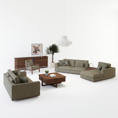 Conjunto completo de sofás de 3 piezas: sofá de dos plazas, sofá relax en forma de L y sillón moderno.