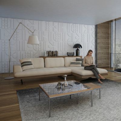 Sofá de lujo moderno para la sala de estar, sofá esquinero de relax en forma de L con 2 mesas de centro.