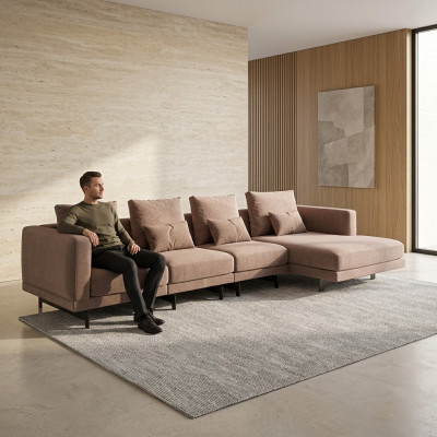 Sofá esquinero de lujo de color beige, diseño de mobiliario de diseñador en forma de L.