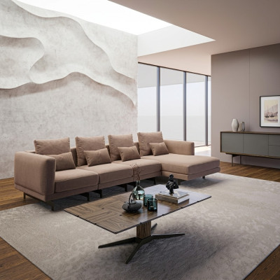 Sofá esquinero de lujo de color beige, diseño de mobiliario de diseñador en forma de L.