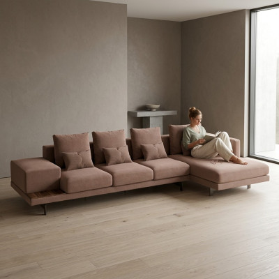 Sofá de esquina de lujo en beige en forma de L muebles tapizados sala de estar diseño de interiores.