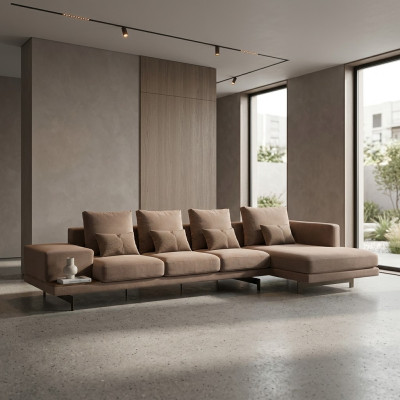 Sofá de esquina de lujo en beige en forma de L muebles tapizados sala de estar diseño de interiores.