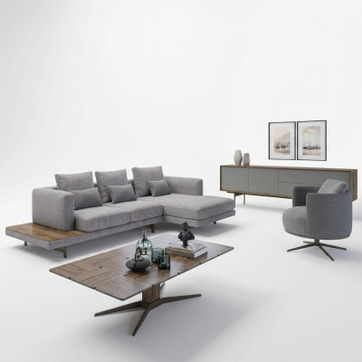 Juego de sala de estar compuesto por 3 piezas: sofá esquinero, sillón, mesa de centro de madera.
