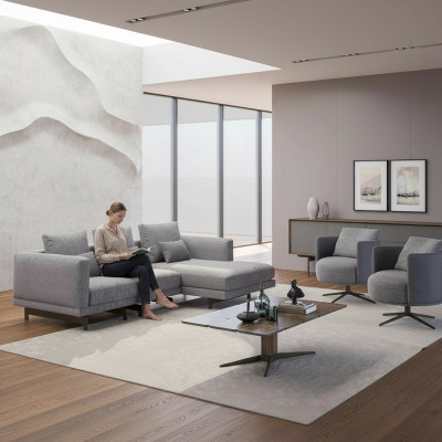 Sala de estar completa de 4 piezas: 2 sillones con sofá esquinero en forma de L y mesa de centro de diseño de madera.