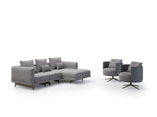 Sala de estar completa de 4 piezas: 2 sillones con sofá esquinero en forma de L y mesa de centro de diseño de madera.