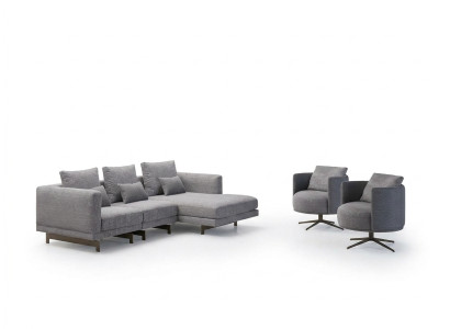 Sala de estar completa de 4 piezas: 2 sillones con sofá esquinero en forma de L y mesa de centro de diseño de madera.