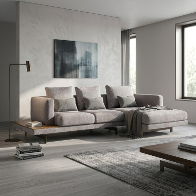 Conjunto de sala de estar, sofá esquinero en forma de L, gris, sofá, diseñador de muebles tapizados.