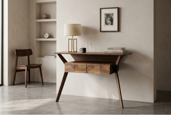 Mesa de consola de lujo para sala de estar, madera marrón, diseño moderno.