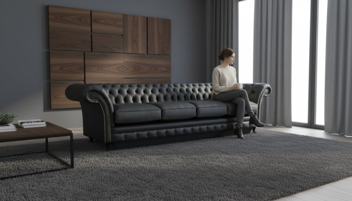 Sala de estar Chesterfield Sofá negro de cuatro plazas moderno Nuevo.