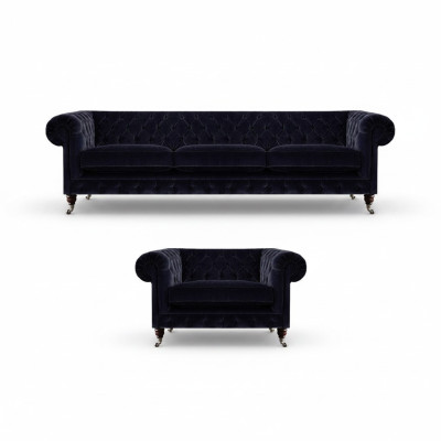 Conjunto de salón 2 piezas, juego de sofás, sofá de tres plazas, sillón, mobiliario Chesterfield.