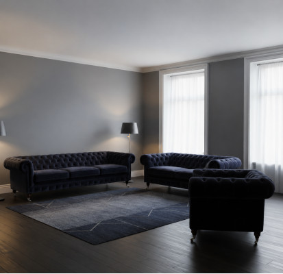 Sala de estar completa azul de cuatro plazas con sofás de dos plazas, sillones Chesterfield nuevos.